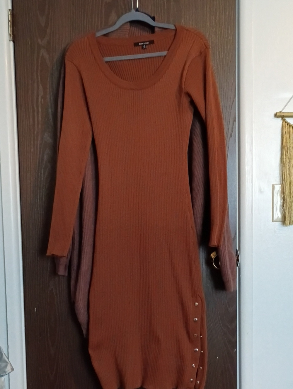 Long-Sleeve Ribbed Bodycon Dress in Brown